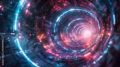 Futuristic Digital Tunnel: Glowing Lights Representing Data Flow and Connectivity in an Abstract Cyberspace