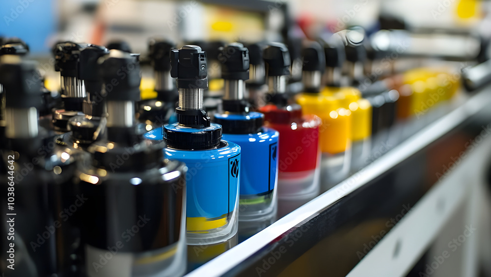 A detailed image of modern ink dispensers used in a high-end commercial printing machine, featuring vibrant blue, red, yellow, and black ink bottles. This setup ensures precision in color application, A detailed image of modern ink dispensers used in a high-end commercial printing machine, featuring vibrant blue, red, yellow, and black ink bottles. This setup ensures precision in color application,