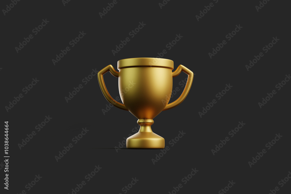 A front view of a golden trophy cup on a dark background, symbolizing victory, achievement, or recognition in competitions or awards. 3D render illustration A front view of a golden trophy cup on a dark background, symbolizing victory, achievement, or recognition in competitions or awards. 3D render illustration