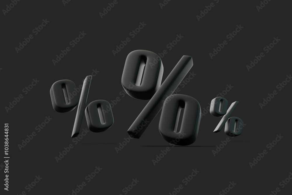 Three black percent signs on a dark background, symbolizing percentages, discounts, finance, interest rates, and sales promotions. 3D render illustration Three black percent signs on a dark background, symbolizing percentages, discounts, finance, interest rates, and sales promotions. 3D render illustration