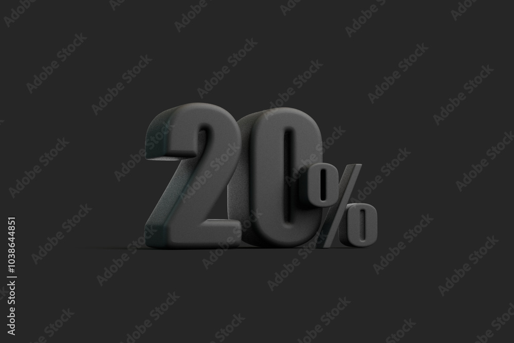 Black 20 percent symbol on a dark background, ideal for representing discounts, promotions, financial data, or analytics. 3D render illustration Black 20 percent symbol on a dark background, ideal for representing discounts, promotions, financial data, or analytics. 3D render illustration