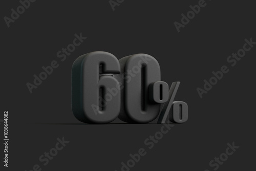 Number 60 percent in black, placed against a dark background, representing discounts, promotions, or sales. 3D render illustration