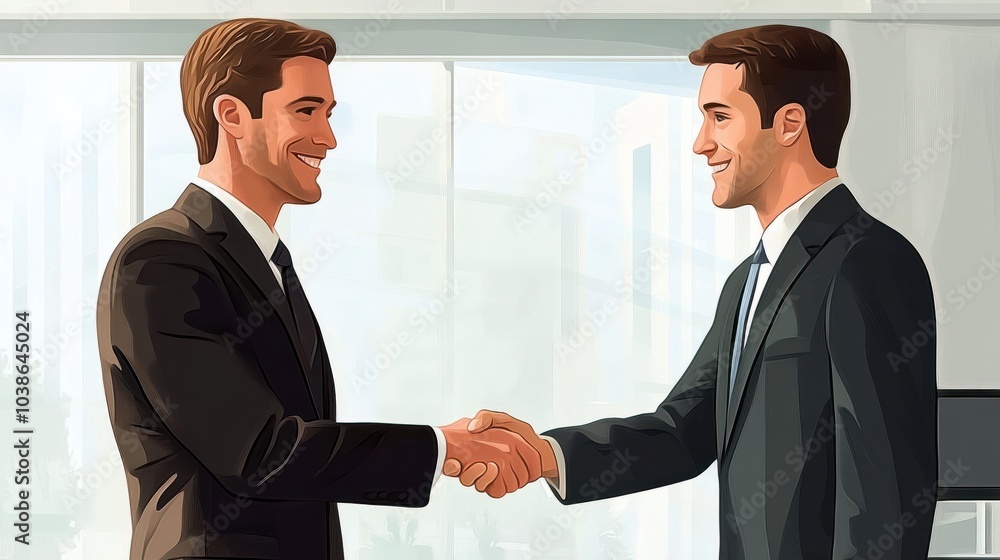 Portrait of cheerful young manager handshake with new employee. Portrait of cheerful young manager handshake with new employee.