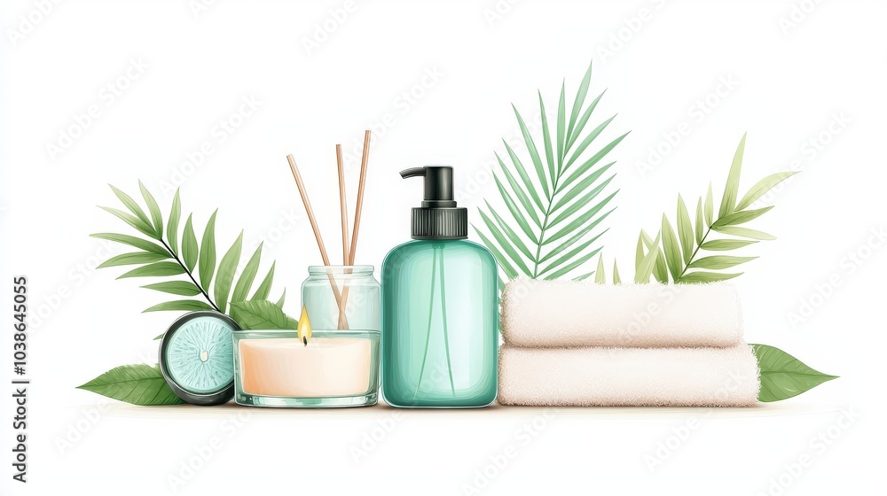 A serene home spa illustration featuring icons like candles, folded towels, and essential oils, creating a peaceful, luxurious atmosphere. A serene home spa illustration featuring icons like candles, folded towels, and essential oils, creating a peaceful, luxurious atmosphere.