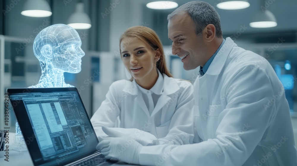 Portrait of Two Happy Female and Male Engineers Using Laptop Computer to Analyze and Discuss How to Proceed with the Artificial Intelligence Software. Casually Chatting in High Tech Research Office Portrait of Two Happy Female and Male Engineers Using Laptop Computer to Analyze and Discuss How to Proceed with the Artificial Intelligence Software. Casually Chatting in High Tech Research Office