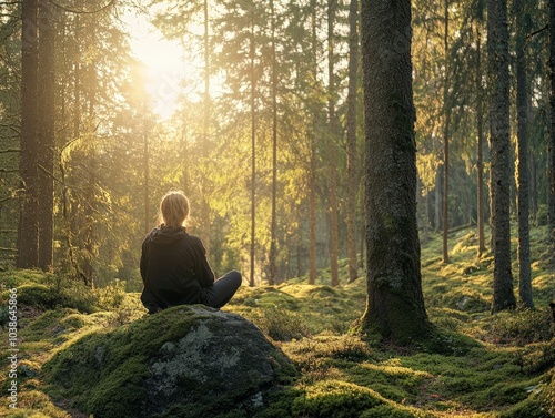 A tranquil forest clearing with soft sunlight streaming through the trees, where a person sits quietly on a mossy rock, practicing forest bathing, absorbing the sounds and sights of nature