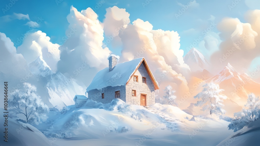 custom made wallpaper toronto digitalCharming alpine chalet nestled in snow-capped mountains, warm stone and wood details, inviting pastel hues, capturing cozy mountain life.