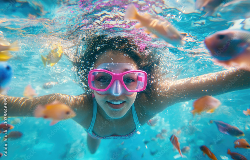 Fototapeta premium girl is swimming underwater in the ocean with fish, blue water, and sunlight. The young child has pink goggles on her head and is wearing swim shorts. There are many fish surrounding the woman