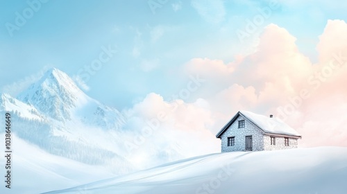 Charming alpine chalet nestled among snowy peaks, featuring stone and wood design, warm pastel colors, evoking a cozy winter retreat.