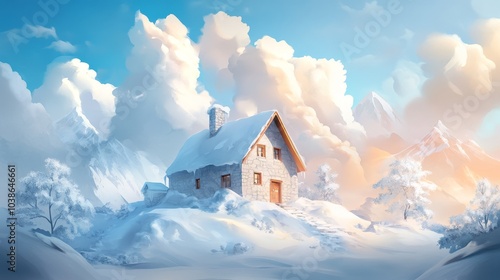 Wallpaper Mural Charming alpine chalet nestled in snow-capped mountains, warm stone and wood details, inviting pastel hues, capturing cozy mountain life. Torontodigital.ca