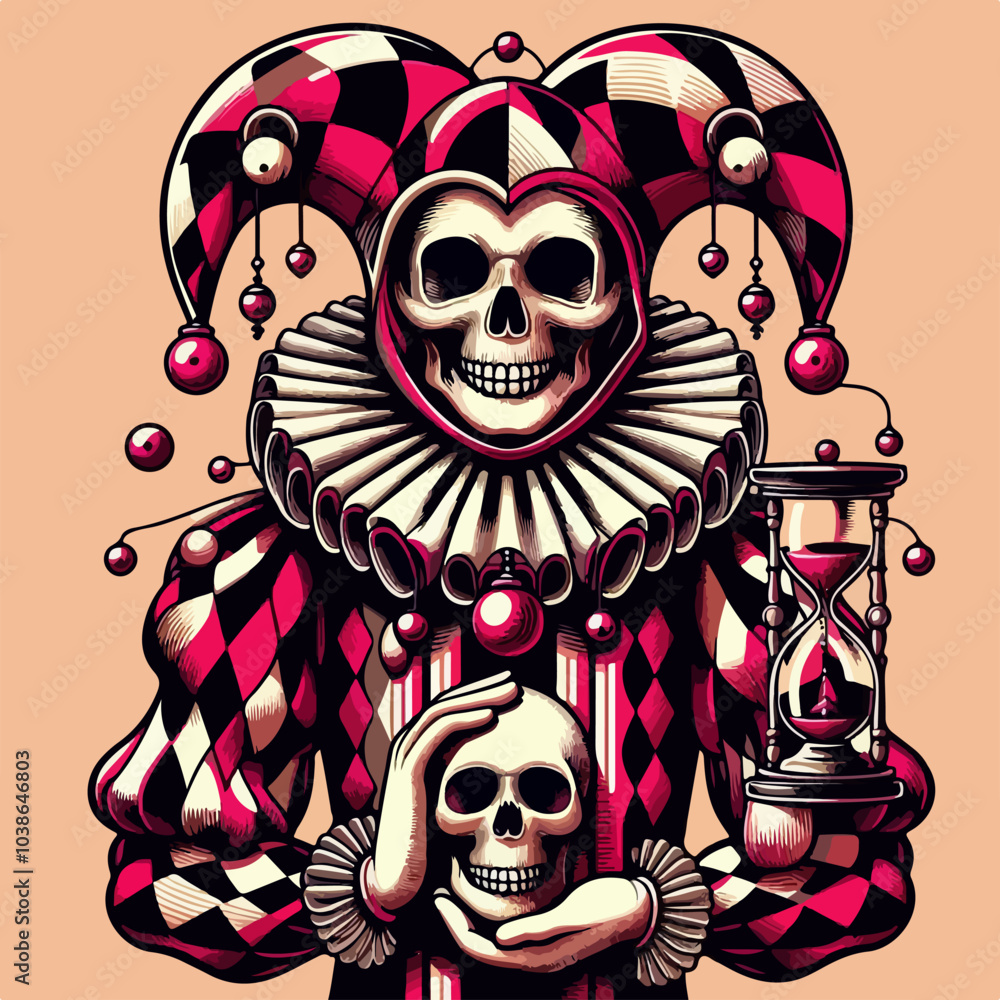 Fototapeta premium A man in a clown costume holding a skeleton and a clock