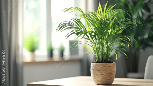 A parlor palm in a modern home office, adding a touch of greenery to the workspace.