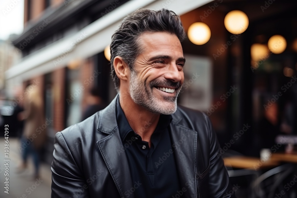 Portrait of a handsome middle-aged man smiling in the city Portrait of a handsome middle-aged man smiling in the city