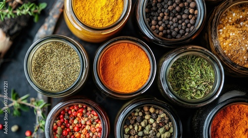 Colorful Spices in Glass Jars on a Wooden Surface