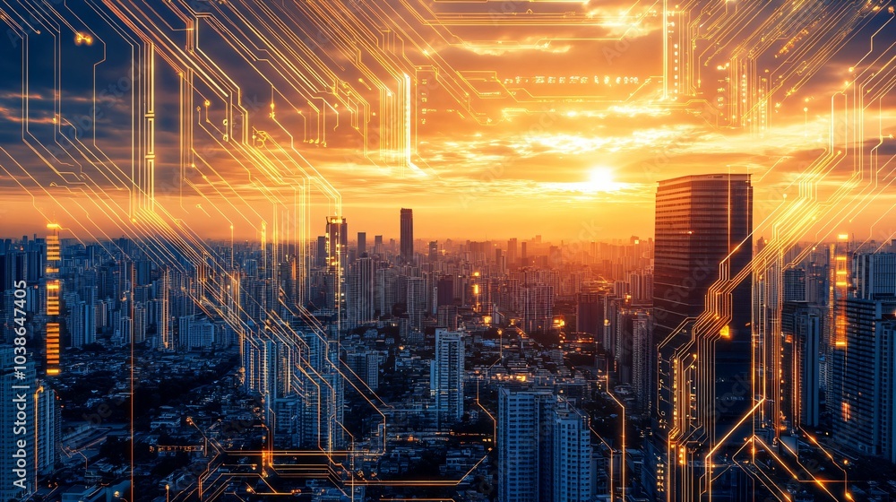 Futuristic digital circuit board overlay on a cityscape at sunset Futuristic digital circuit board overlay on a cityscape at sunset