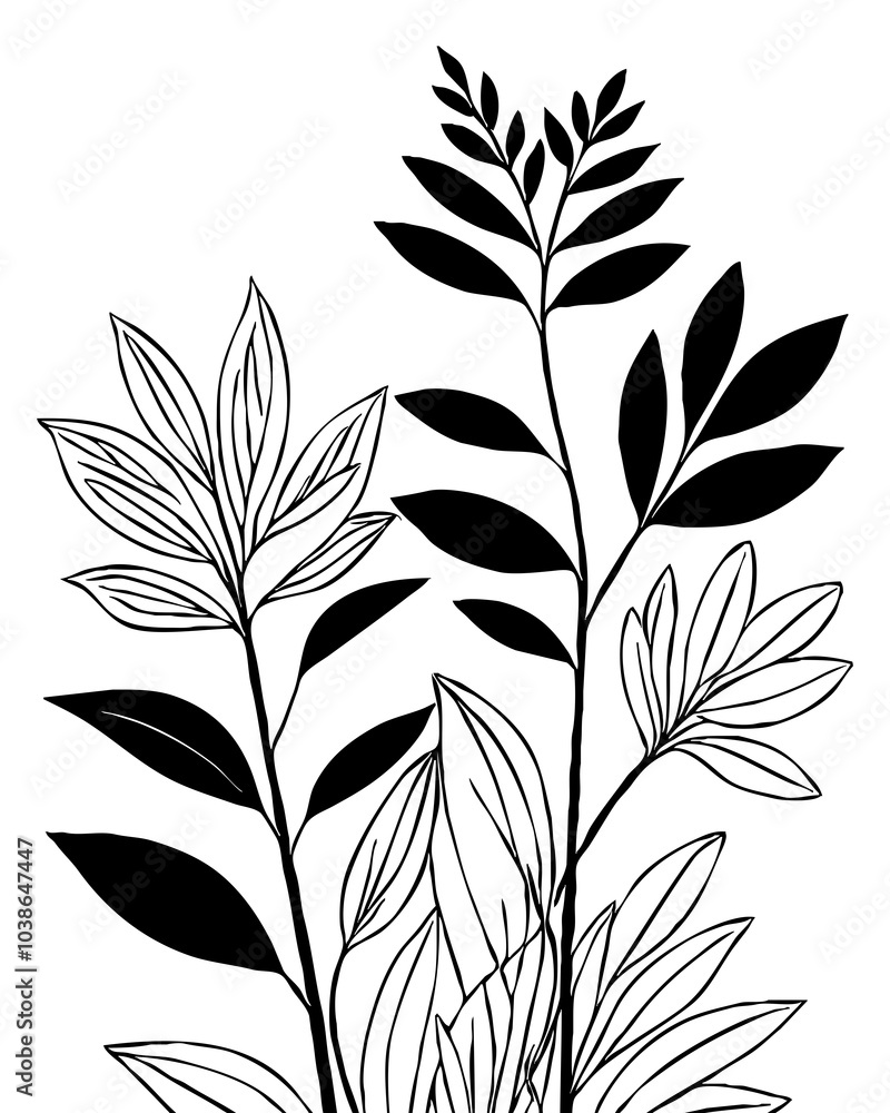 Black and white botanical pattern. For use in graphics, materials. Abstract plant shapes. Minimalist illustration for printing on wall decorations. Black and white botanical pattern. For use in graphics, materials. Abstract plant shapes. Minimalist illustration for printing on wall decorations.