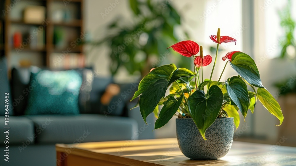 A blooming anthurium plant with its signature red flowers, adding a pop of color to the room. A blooming anthurium plant with its signature red flowers, adding a pop of color to the room.