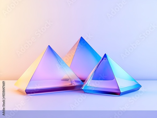 Stunning Set of Shiny Overlapping Blue and Purple Pyramids: Perfect Modern Art Poster for Sporty Interiors and Minimalist Spaces