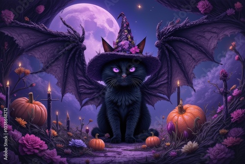 Wallpaper Mural Enchanting black cat in a witch hat with wings, surrounded by Halloween decorations and a purple moonlit background. Torontodigital.ca