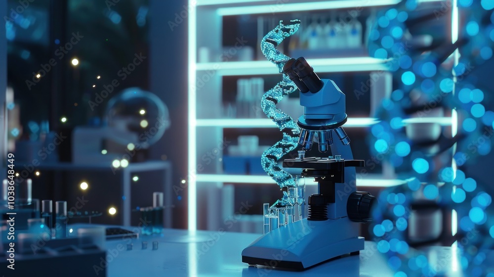 Microscope and DNA Helix in a Laboratory Setting Microscope and DNA Helix in a Laboratory Setting
