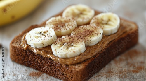 a slice of whole grain bread spread with almond butter, banana slices and cinnamon photo