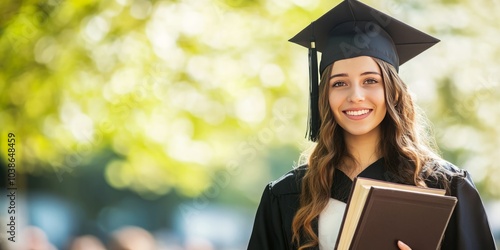 Portrait of a Young Female Graduate in Graduation Attire, Confidently Holding Books and Smiling, Representing Academic Achievement and Success on Graduation Day, Perfect for Education and Academic