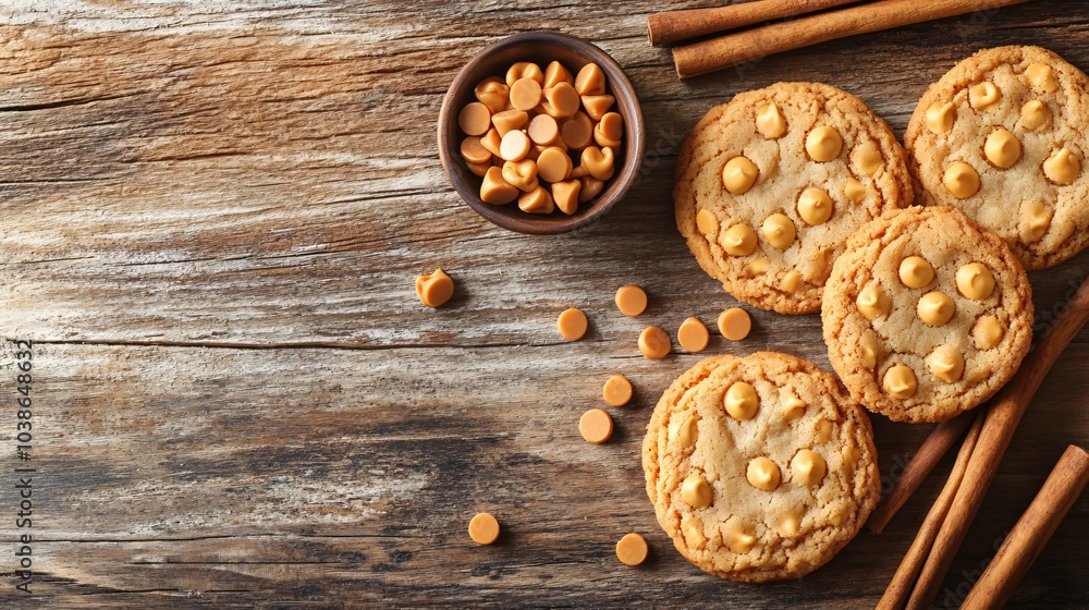 Butterscotch chip cookies on a polished wooden surface, with a small bowl of butterscotch chips and decorative cinnamon sticks Butterscotch chip cookies on a polished wooden surface, with a small bowl of butterscotch chips and decorative cinnamon sticks