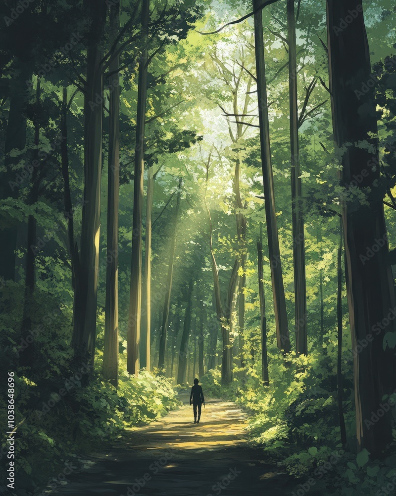 Obraz premium A serene forest bathing (Shinrin-yoku) scene, where a person walks slowly along a peaceful forest trail, surrounded by tall trees and dappled sunlight, taking in the calming atmosphere of the forest