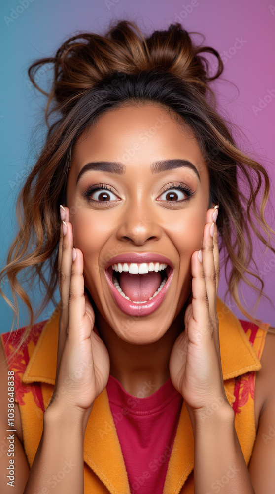 Vibrant Portrait of Excited Diverse Individual Expressing Joy and Enthusiasm - Colorful Background for Social Media Vibrant Portrait of Excited Diverse Individual Expressing Joy and Enthusiasm - Colorful Background for Social Media