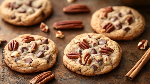 Chewy pecan chip cookies, on a burnished copper surface, with whole pecan halves and small decorative cinnamon sticks