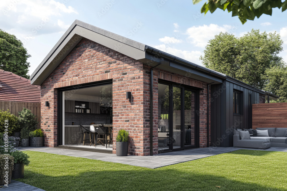 A modern L-shaped small house with a gable roof, featuring an open-plan kitchen and living area on one side, set against brick walls, black windows, grey steel cladding, and sliding doors for natural A modern L-shaped small house with a gable roof, featuring an open-plan kitchen and living area on one side, set against brick walls, black windows, grey steel cladding, and sliding doors for natural