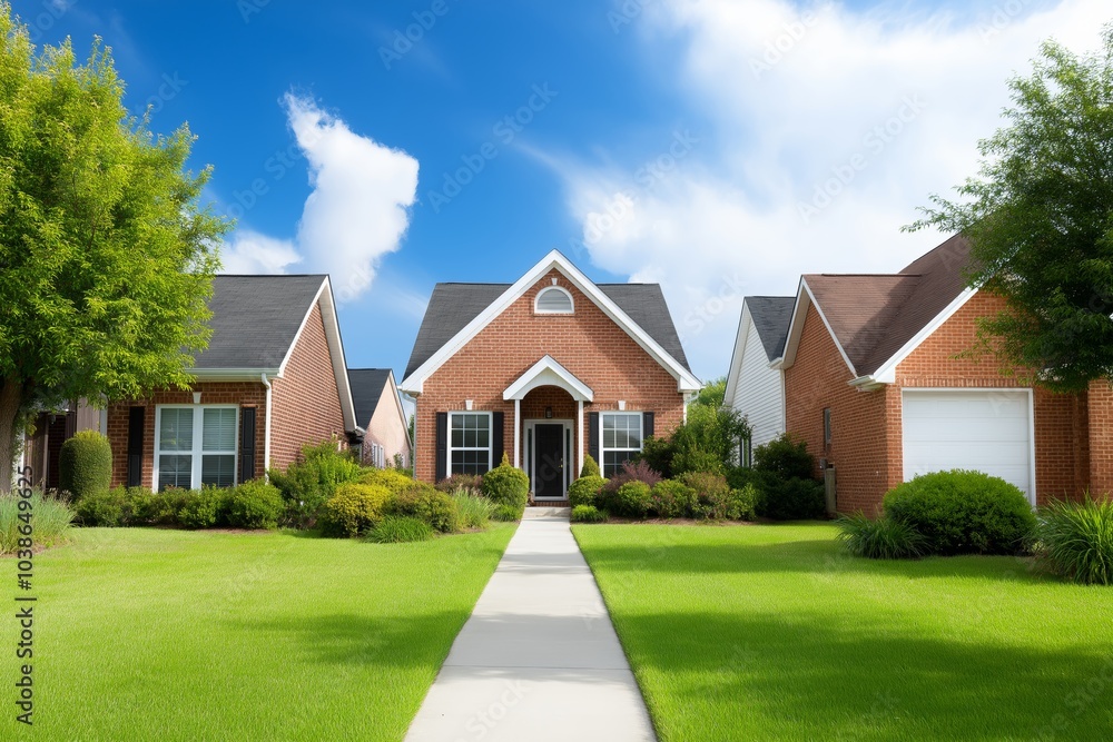 Fototapeta premium Charming suburban neighborhood with vibrant lawns, tidy sidewalks, and classic brick homes under a bright blue sky, exuding tranquility and warmth.