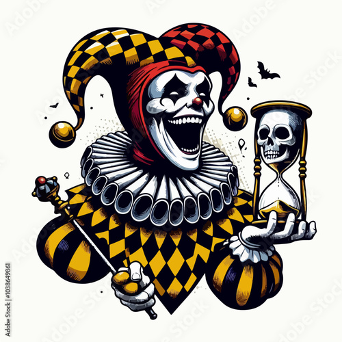 A jester clown is holding a skeleton and a clock