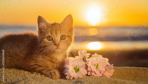 Un gato rodeado de flores, durante un atardecer en la playa