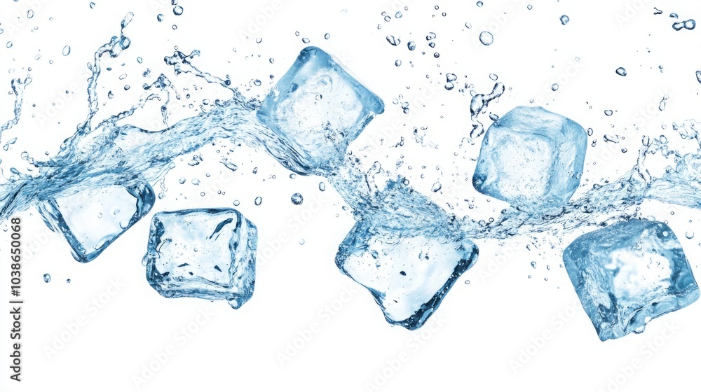 Refreshing Splash: Floating Ice Cubes and Water Droplets on a Pristine White Background Refreshing Splash: Floating Ice Cubes and Water Droplets on a Pristine White Background