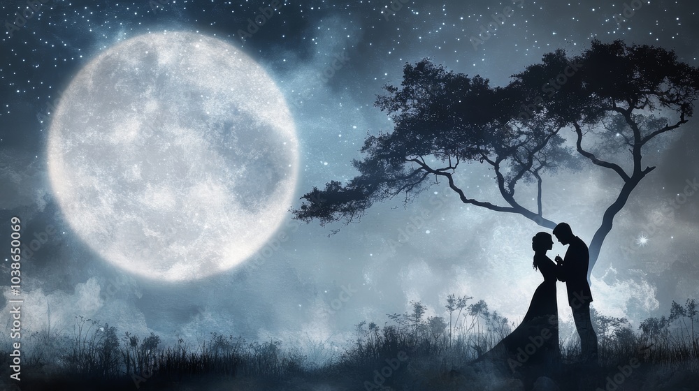 A romantic silhouette of a couple under a large moon, surrounded by a mystical night sky and a solitary tree. A romantic silhouette of a couple under a large moon, surrounded by a mystical night sky and a solitary tree.