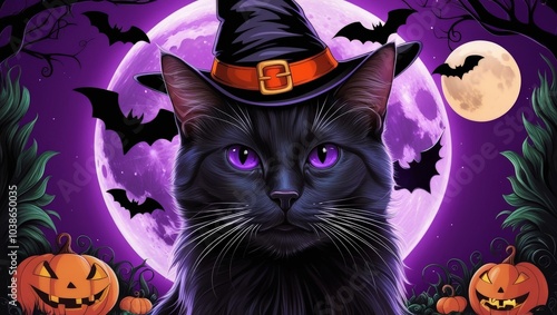 Enchanting black cat in a witch hat with wings, surrounded by Halloween decorations and a purple moonlit background. photo