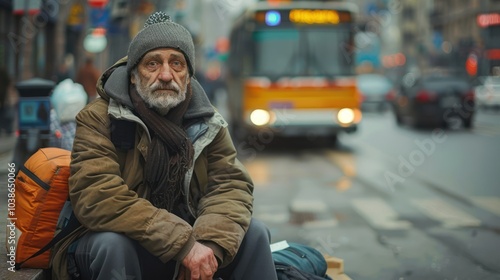 A homeless man sitting with his belongings on a busy city street, representing the harsh realities of urban poverty photo