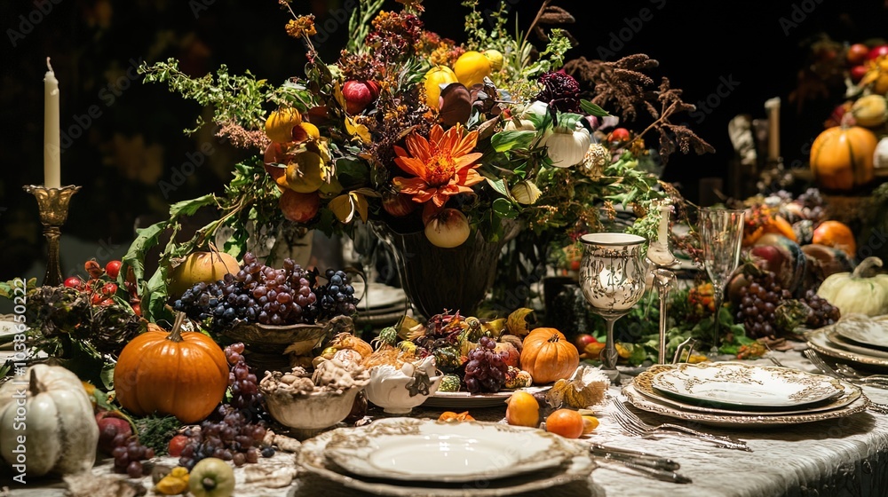 A beautifully arranged dining table showcases a lavish autumn feast. The table is adorned with elegant plates and glassware surrounded by an abundance of seasonal fruits and vegetables, including pump A beautifully arranged dining table showcases a lavish autumn feast. The table is adorned with elegant plates and glassware surrounded by an abundance of seasonal fruits and vegetables, including pump