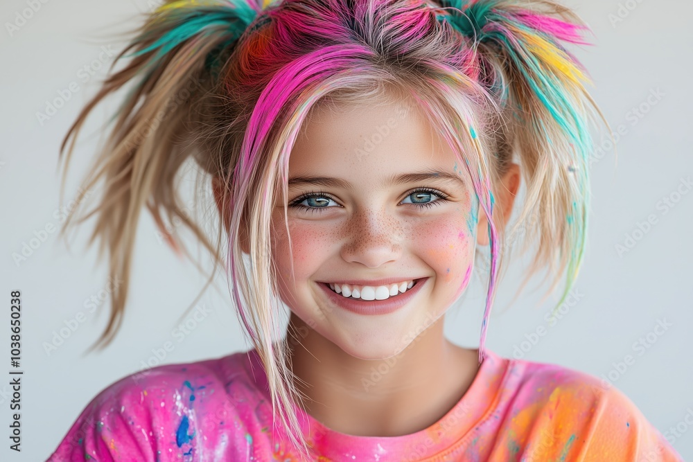 Creative child artist with vibrant hair and paint against a bright backdrop. Generative AI Creative child artist with vibrant hair and paint against a bright backdrop. Generative AI