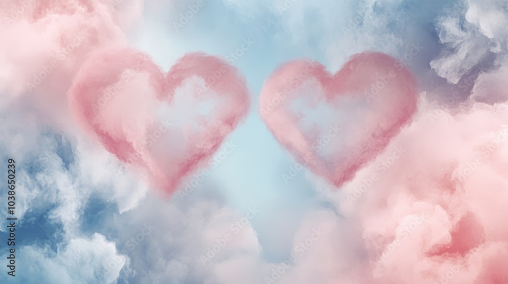 Two soft pink hearts float in a dreamy sky filled with pastel clouds, evoking feelings of love and serenity. Two soft pink hearts float in a dreamy sky filled with pastel clouds, evoking feelings of love and serenity.