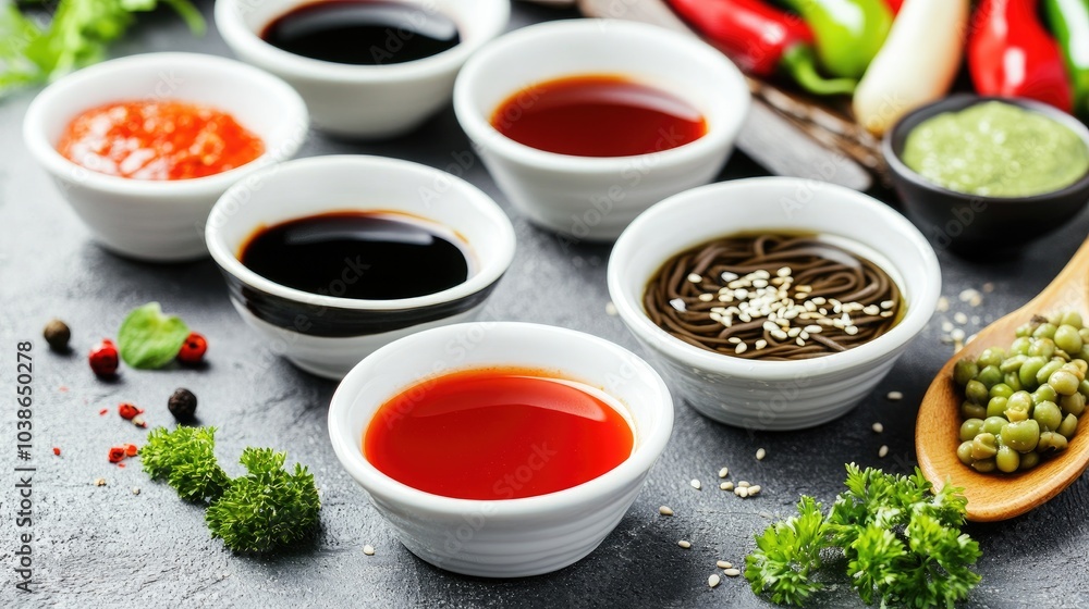 Variety of Sauces in White Bowls on Dark Background Variety of Sauces in White Bowls on Dark Background