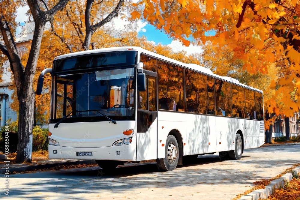 White tourist bus driving on a road in autumn White tourist bus driving on a road in autumn