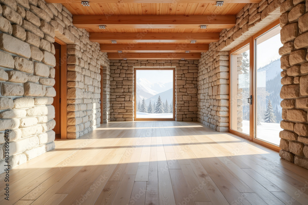 an empty spacious bright living room in a chalet with large windows an empty spacious bright living room in a chalet with large windows