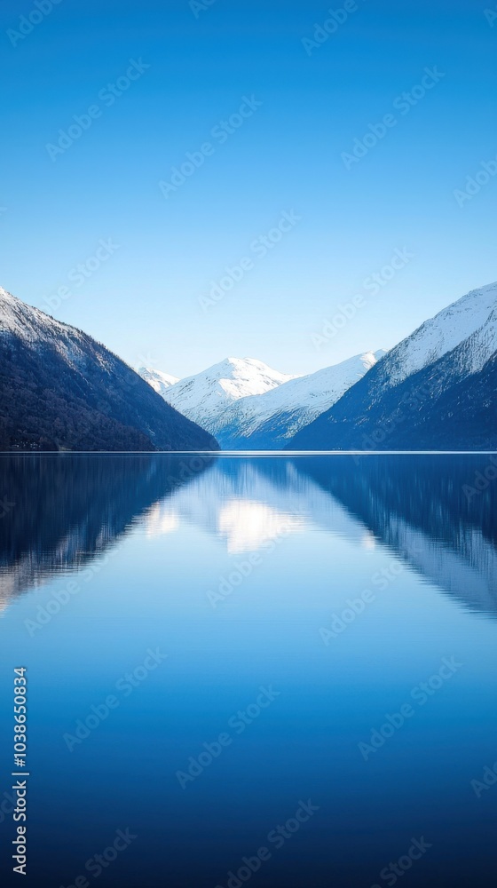 Serene lake reflecting mountains under a clear blue sky, peaceful nature scene. Serene lake reflecting mountains under a clear blue sky, peaceful nature scene.