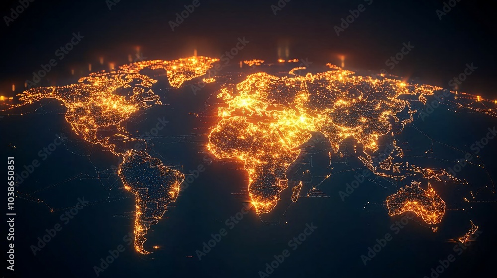 Illuminated Earth with City Lights and Connecting Lines Illuminated Earth with City Lights and Connecting Lines