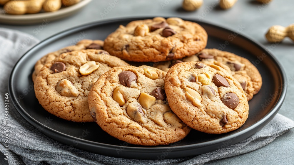 Peanut butter chip cookies arranged on a matte black plate, isolated on a gray linen background, with decorative roasted peanuts Peanut butter chip cookies arranged on a matte black plate, isolated on a gray linen background, with decorative roasted peanuts
