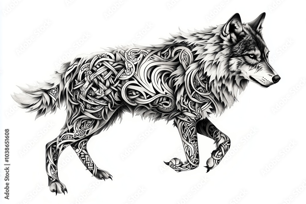 Fototapeta premium Intricate Nordic Rune Patterns on a Wolf
