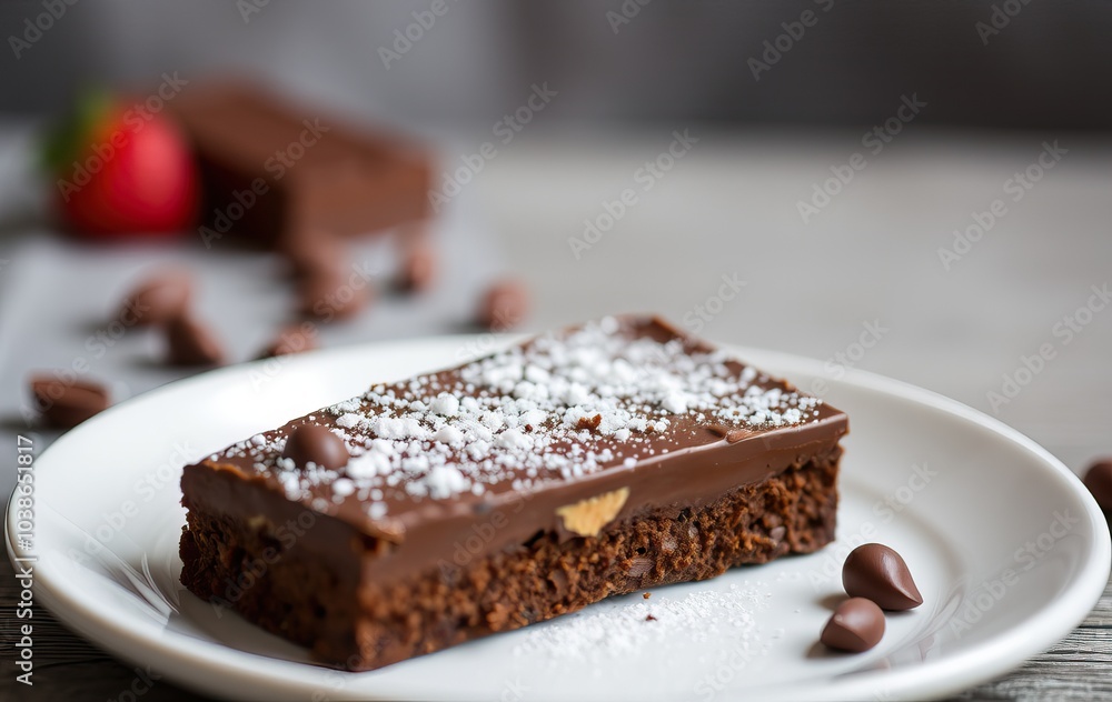 Close-up of a decadent chocolate brownie with powdered sugar on a white plate. Close-up of a decadent chocolate brownie with powdered sugar on a white plate.