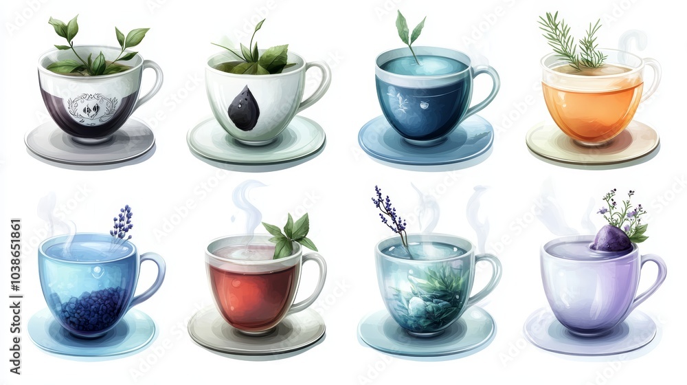 A colorful array of artistic teacups, each filled with unique herbal blends and adorned with plants, creating a soothing, inviting atmosphere. A colorful array of artistic teacups, each filled with unique herbal blends and adorned with plants, creating a soothing, inviting atmosphere.